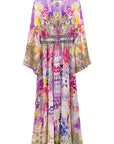 Purple wide sleeve floral applique slim maxi dress back