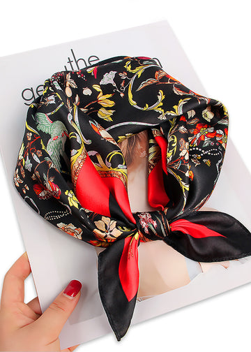 Black and red square flower and bird print women silk scarf