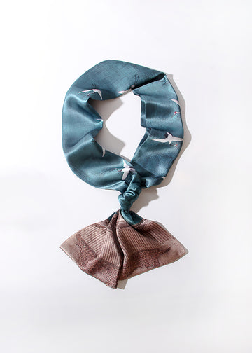 Blue rectangular flying crane printed silk scarf