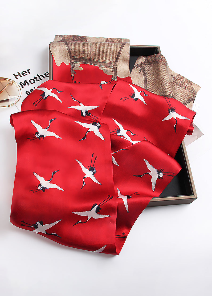 Red rectangular flying crane printed silk scarf-1