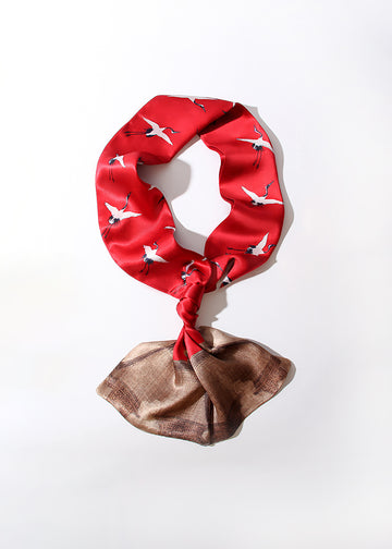 Red rectangular flying crane printed silk scarf